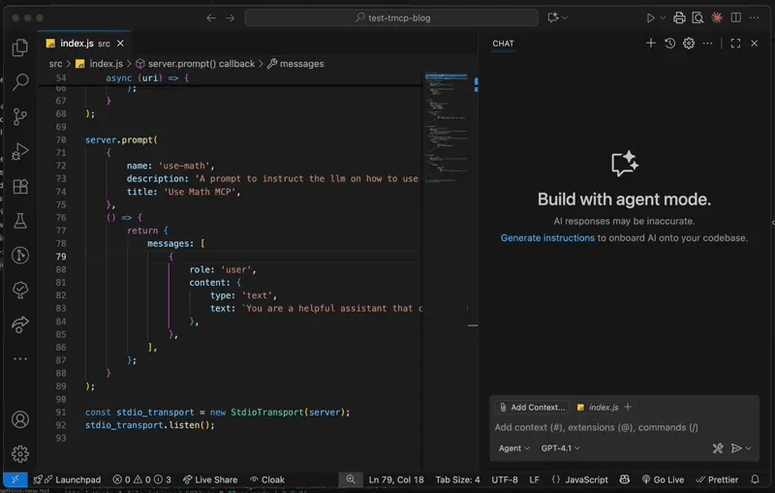 a prompt from the Math mcp server being selected in the VSCode chat