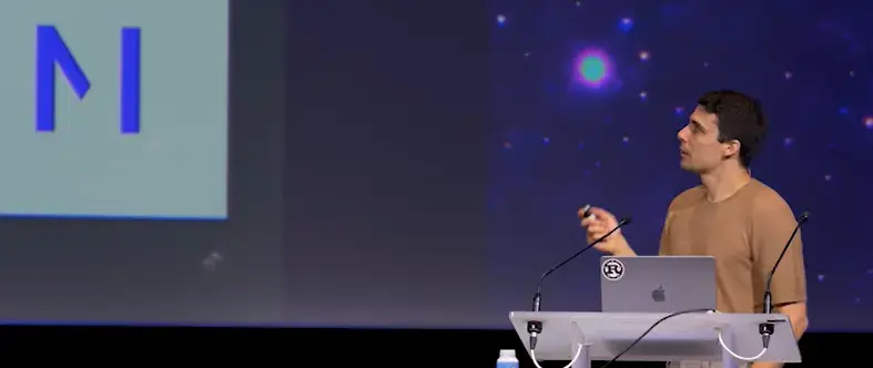 Luca Palmieri presenting Mainmatter's Redis contributions on stage